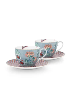 Flower Festival Set/2 Cappuccino Tasse & Undertasse Hellblau