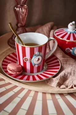 Love Birds Tasse Gross Gestreift Rot/Rosa