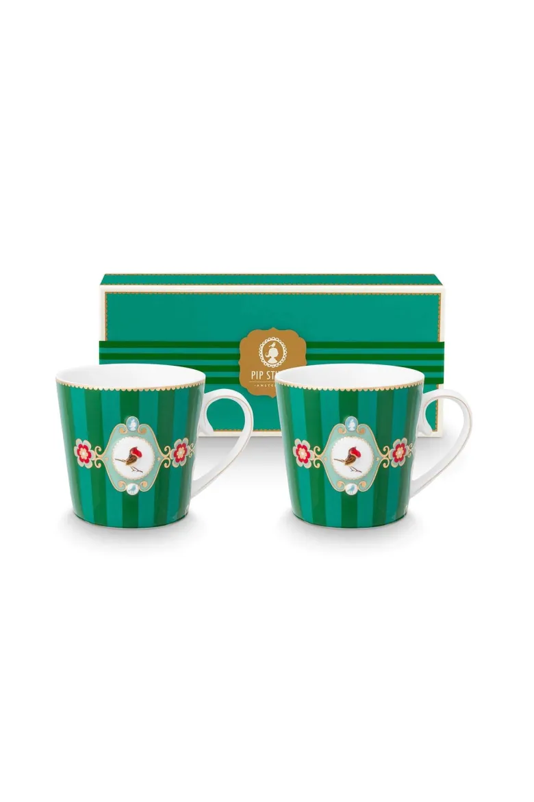 Set/2 Tassen Groß Love Birds Medallion Streifen Emerald-Grün
