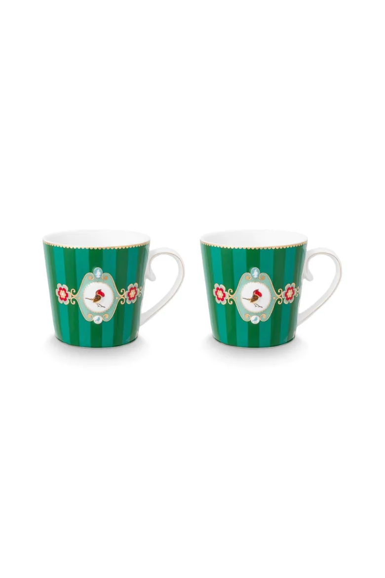 Set/2 Tassen Groß Love Birds Medallion Streifen Emerald-Grün